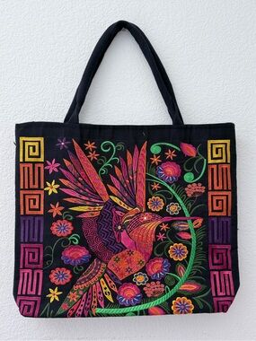 Black Embroidered Hummingbird Tote Bag - Vibrant Multicolor Design